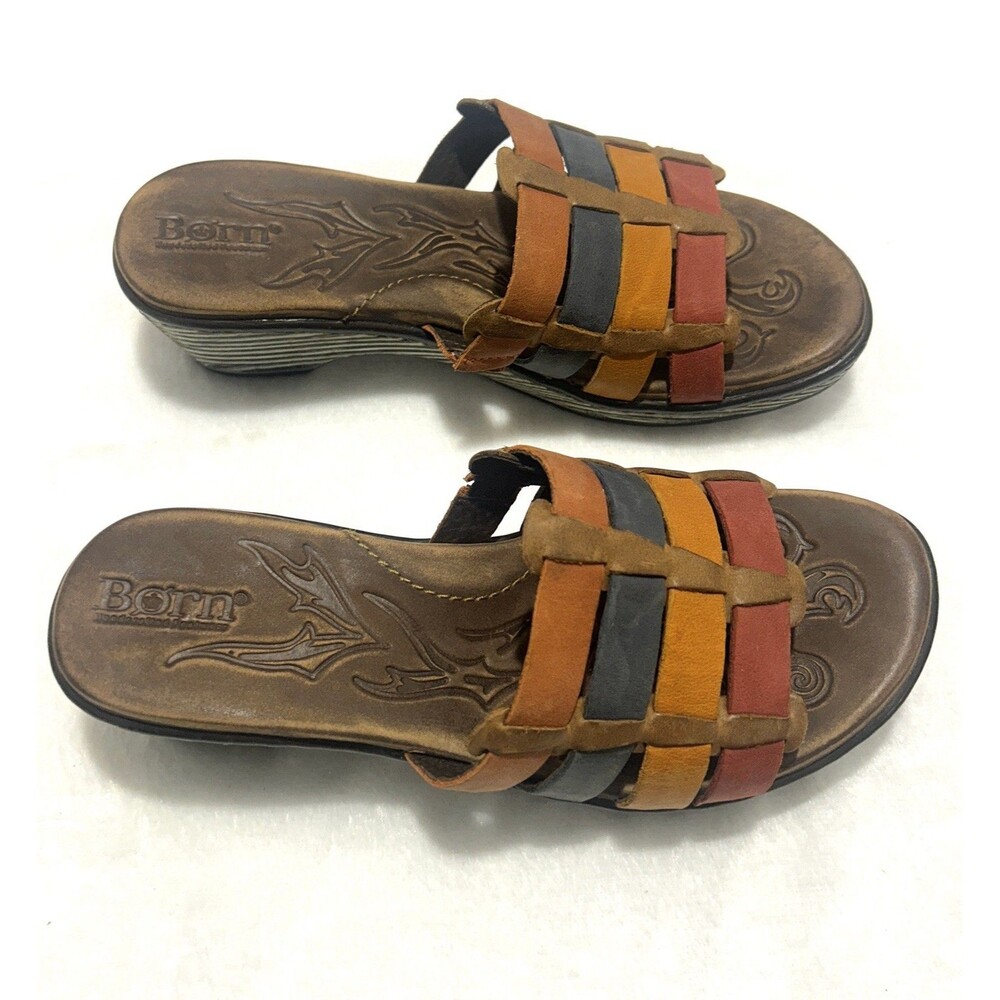 Born Lolo Slide Sandals Womens Size 7 US 38 EU Brown Orange Red Blue Leather - Picture 4 of 9